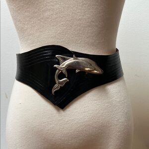 Vintage Black Leather Belt with Silver Dolphin Buckle